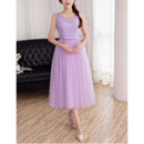 Inexpensive Double V-Neck Sleeveless Tea Length Tulle Lace Bridesmaid Dresses