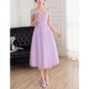Inexpensive A-Line Off-the-shoulder Tea Length Lace Tulle Bridesmaid Dresses