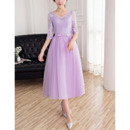Elegant Inexpensive V-Neck Tea Length Lace Tulle Bridesmaid Dresses with Half Sleeves