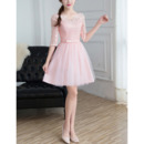 Feminine A-Line V-Neck Mini/ Short Tulle Bridesmaid Dresses with Half Lace Sleeves