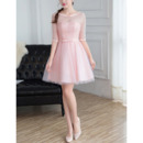 Exquisite A-Line Illusion Neckline Mini/ Short Lace Tulle Bridesmaid Dresses with Half Sleeves