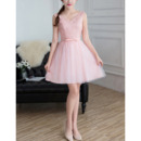 Affordable Simple V-Neck Sleeveless Mini/ Short Lace Tulle Bridesmaid Dresses