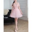 Exquisite Discount Mini/ Short Lace Tulle Bridesmaid Dresses with Short Sleeves