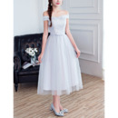 Inexpensive Ultra-feminine A-Line Off-the-shoulder Tea Length Lace Tulle Bridesmaid Dresses