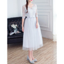 Discount Understated V-Neck Tea Length Lace Tulle Bridesmaid Dresses with Half Sleeves