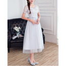 Affordable Understated Tea Length Lace Tulle Bridesmaid Dresses with Short Sleeves