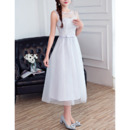 Elegant Simple Sleeveless Tea Length Satin Tulle Grey Bridesmaid Dresses with Beaded Lace Appliques