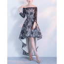 Modern Color Block Off-the-shoulder High-Low Asymmetrical Hem Lace Formal Cocktail Dresses with Long Sleeves