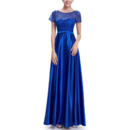 Simple Full Length Evening Dresses with Sequined Lace Bodice and Short Sleeves