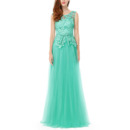 Discount Sleeveless Tulle Evening Dresses with Lace Applique Bodice and Open Back
