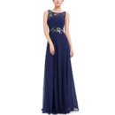 Elegance Sleeveless Floor Length Navy Blue Chiffon Beadings Applique Evening Dresses