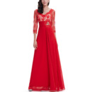 Inexpensive Simple Long Lace REd Chiffon Formal Evening Dresses with 3/4 Long Sleeves