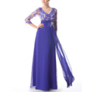 Inexpensive Long Lace Chiffon Formal Prom Evening Dresses with 3/4 Long Sleeves