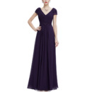Elegance Double V-Neck Full Length Purple Chiffon Pleated Evening Dresses with Short Cap Sleeves