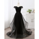 Affordable Off-the-shoulder Floor-Length Organza Tulle Black Evening Dresses with Pleated Bust