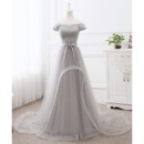 Inexpensive Off-the-shoulder Floor-Length Organza Tulle Ruched Evening Dress with Sash