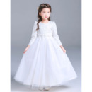 Classic Round Neck Little Girls Full Length Lace Tulle First Communion Dresses with Long Sleeves