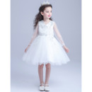 Gorgeous A-Line Beaded Appliques Short White Flower Girl Dresses with Long Tulle Sleeves