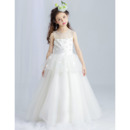 Princess Pretty Beaded Neckline and Armholes Full Length Satin Tulle First Communion Dress with Applique