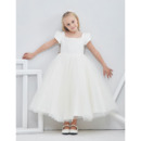 Princess Tulle Satin Tea Length Flower Girl Dresses with Short Bubble Sleeves/ White First Communion Dresses