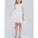 Pretty Satin Tulle Mini/ Short Flower Girl Dresses with 3/4 Long Lace Sleeves and Handmade Flowers
