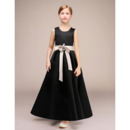 Inexpensive Simple A-Line Round Neckline Ankle Length Satin Flower Girl Dresses with Sashes