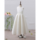 Affordable Beaded Neck Tea Length Satin Flower Girl / First Communion Dresses with Pleated Bust and Skirt