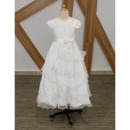 Discount Beautiful Tea Length Appliques Satin Flower Girl/ Communion Dress with Cap Sleeves and Organza Ruffled
