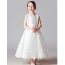 Pretty Sleeveless Tea Length Satin Little Girl First Communion Dresses with Beaded Applique