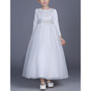 Classic Satin Tulle Little Girls First Communion Dresses with Long Sleeves and Beaded Applique