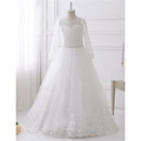 Couture White Floor Length Lace Tulle Flower Girl Dresses with Long Sleeves and Crystal Detailing