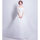 Elegant Off-the-shoulder Chapel Train Beaded Appliques Tulle Satin Wedding Dress with Half Sleeves