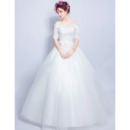 Junoesque Romantic Ball Gown Off-the-shoulder Long Wedding Dresses with Half Sleeves and Beaded Appliques
