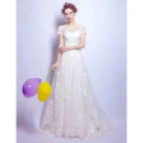 Junoesque Romantic Sweep Train Beaded Tulle Wedding Dresses with Short Sleeves and Lace Appliques