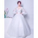 Unique Ball Gown Floor Length Appliques Tulle Wedding Dress with Long Bubble Sleeves and Petal Detailing