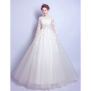Romantic Floral Applique Ball Gown Tulle Wedding Dresses with Long Sleeves