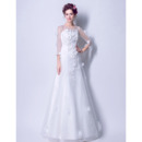 Romantic & Modern Full Length Wedding Dresses with 3/4 Long Sleeves and Floral Appliques