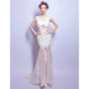 Sexy Alluring Floral Applique V-Neck Tulle Wedding Dress with Illusion Bodice
