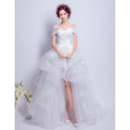 Fashionable Off-the-shoulder High-Low Tulle Wedding Dresses with Exquisitely Layered Skirt