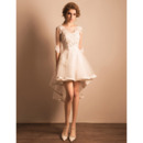 Classy Beaded Appliques High-Low Tulle Wedding Dresses with Satin-trimmed Hem Skirt