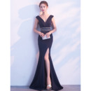 Affordable Sheath V-Neck Floor Length Satin Prom Evening Dress with Slit