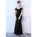 Sexy Spaghetti Straps Long Black Prom Evening Dresses with Short Lace Sleeves