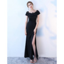 Custom Sheath Short Sleeves Black Satin Prom Evening Dress with Slit Skirt