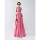 One Shoulder Floor Length Pleated Chiffon Prom Evening Dresses with Beaded Waist