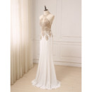 Affordable Sheath Halter Floor Length Chiffon Embroidery Prom Evening Dress