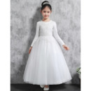 Classic Ball Gown Ankle Length Appliques Satin Tulle Flower Girl Dresses with Long Sleeves/ White Plus Size First Communion Dres