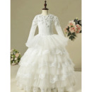 Gorgeous Ball Gown Crystal Appliques Ruched Layered Skirt Lace Tulle Flower Girl Dresses with Long Sleeves and Beaded Waist