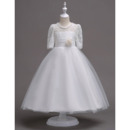 Lovely Ball Gown Beaded Round Neck Lace Tulle White Flower Girl Dresses with Half Sleeves and Hand Made Flower