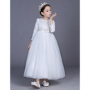 Lovely Beaded Appliques Ankle Length Satin Tulle Flower Girl Dresses with Long Sleeves/ White First Communion Plus Size Dresses