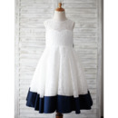 Custom V-back Sleeveless Knee Length Color Block Lace Flower Girl Dress with Bow and Satin-trimmed Hem